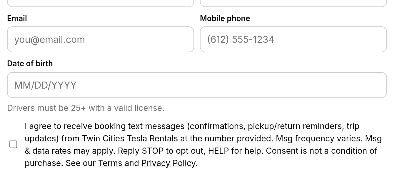 Checkout page showing the mobile phone field and the unchecked text message consent checkbox